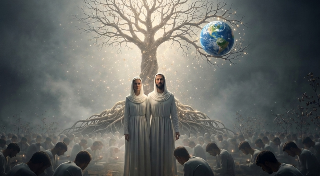 Adem ve Havva, hayat ağacı ve dünya ile insanlığın kökenini ve spiritüel birliği simgeleyen sanatsal görsel Artistic depiction of Adam and Eve with the tree of life and Earth symbolizing human origin and spiritual